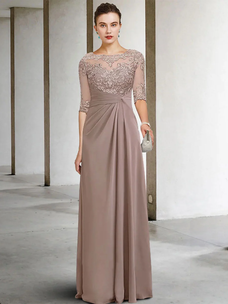 Robe de soirée en mousseline de soie pour mariage, col bijou, manches courtes, ligne A, dentelle, invité