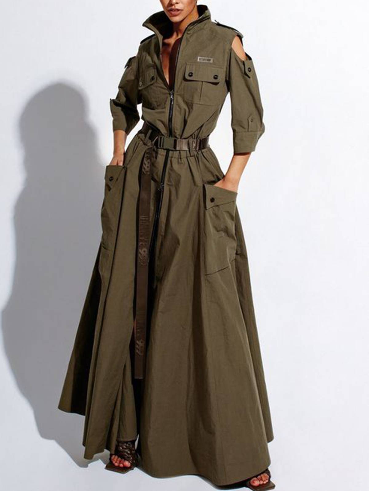 Sommerkleid für Damen 2024, Retro-Umlegekragen, kalte Schulter, halbe Ärmel, Reißverschluss, Gürtel, Taschen, geteilt, hohe Taille, Maxikleider