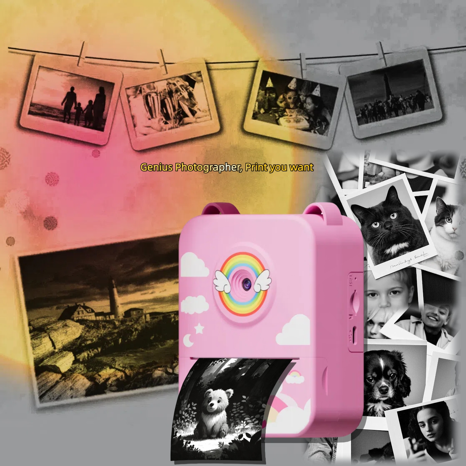 Digitale Kinderkamera für Fotografie, Mini-Drucker, tragbar, Thermo-Sofortdruck, Foto, Kinderkamera, Einhorn, HD-Video, Spielzeug, Geschenke