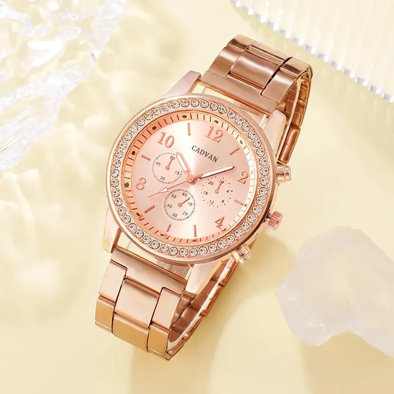 Conjunto de 6 uds. De reloj de lujo de oro rosa para mujer, anillo, collar, pendiente, reloj de pulsera de moda con diamantes de imitación, relojes de pulsera informales para mujer