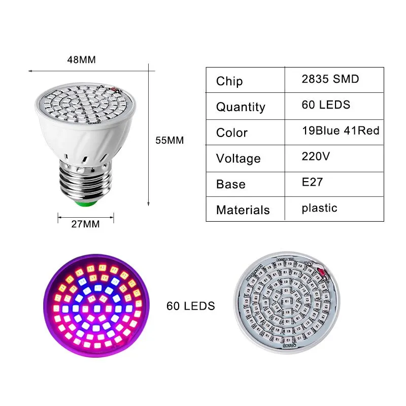 220V E27 60LEDs Plant Licht Groeien Phyto Lampen Led Volledige Spectrum Groeiende Lamp voor Kas Hydrocultuur Groei fitolampy