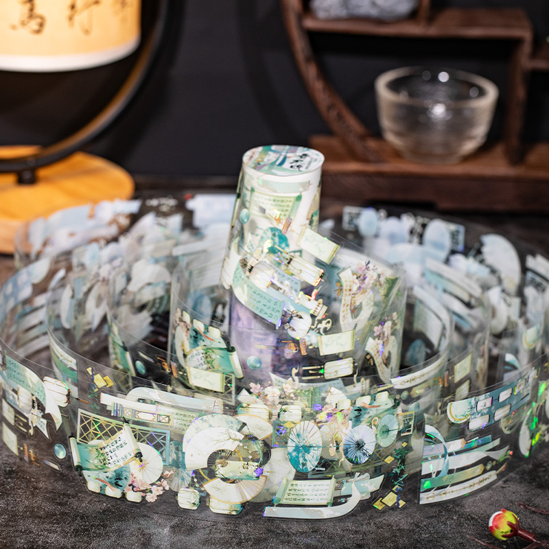 4 スタイル、200 センチメートル/ロール、中国風シェルグロスホットスタンピング PET ダイカットテープ、手作りコラージュ装飾ステッカーテープ