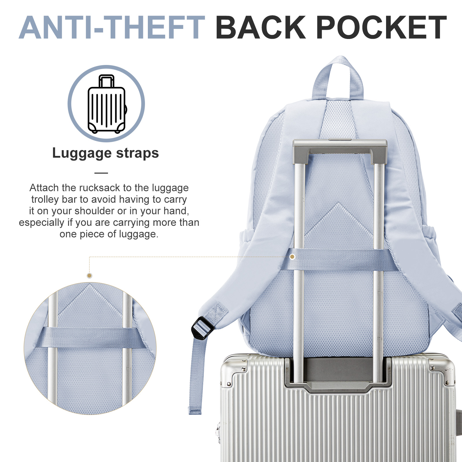 Mochila casual de nylon, mochila para mulheres, design com vários bolsos em azul claro durável para escola, ensino médio e mochila universitária