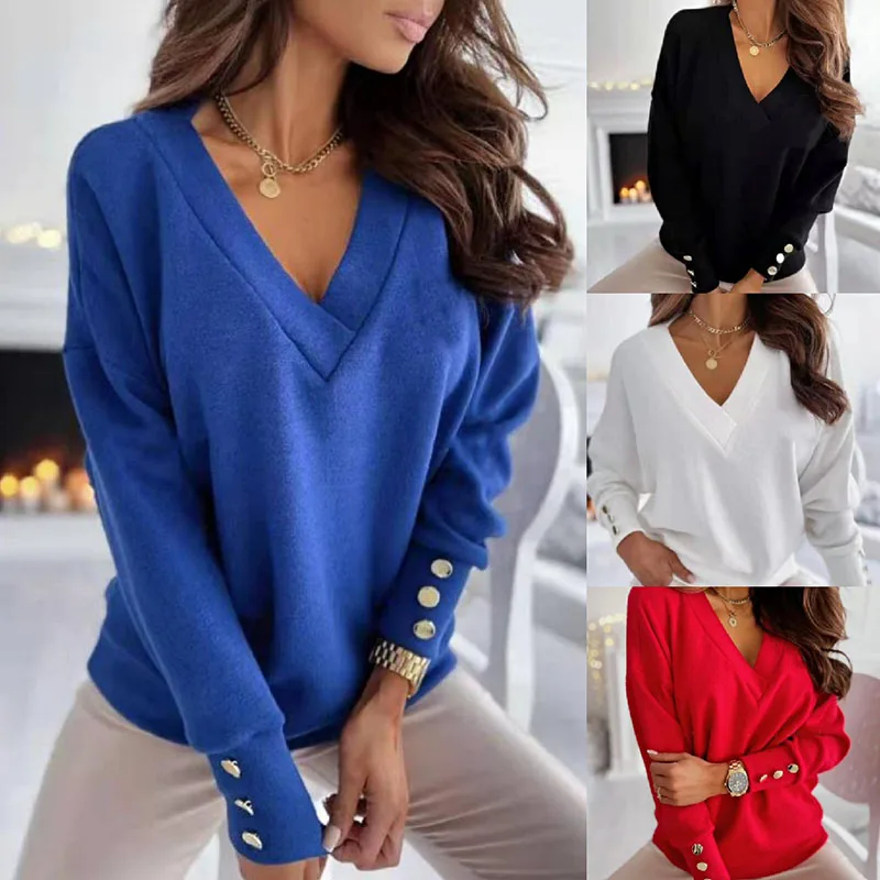 2023 lose frauen Kleidung Pullover Jumper Frühling Herbst Neue Casual Lose Feste Taste V-ausschnitt Langarm für Frauen Pullover