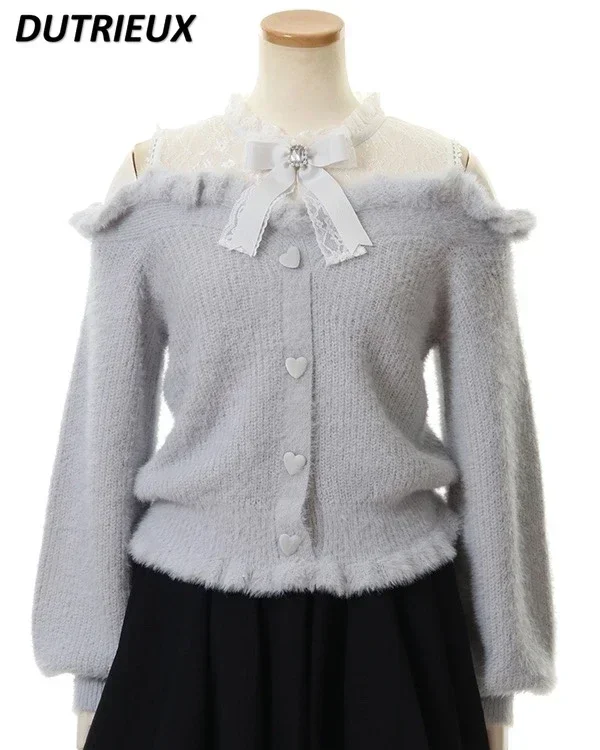 Süße Lolita Winter Kleidung Frauen Off Schulter Pullover Pullover Student Elegante Langarm Strickwaren Bogen Spitze Taille Schlank Pullover