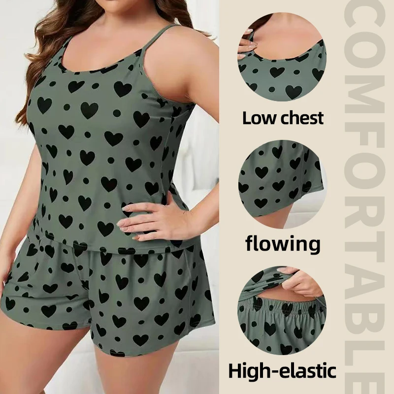 Plus-Size Pijama Mulheres Pijamas Conjunto Pijama Camisole Camisole Shorts Nightclothes Verde XL 2XL 3XL Love Print Smooth Soft