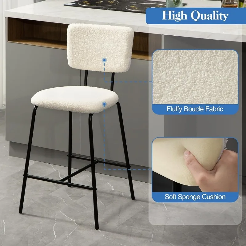 White Counter Stools Set of 2 - Modern Bar Stools Set of 2 with Backs, Counter Height Bar Stools, Upholstered Counter Chair
