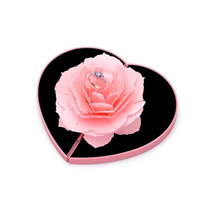 High Quality Jewelry Box For Couples Propose Rings Packaging Rotating Rose Flower Ring Box 3d Heart Shape