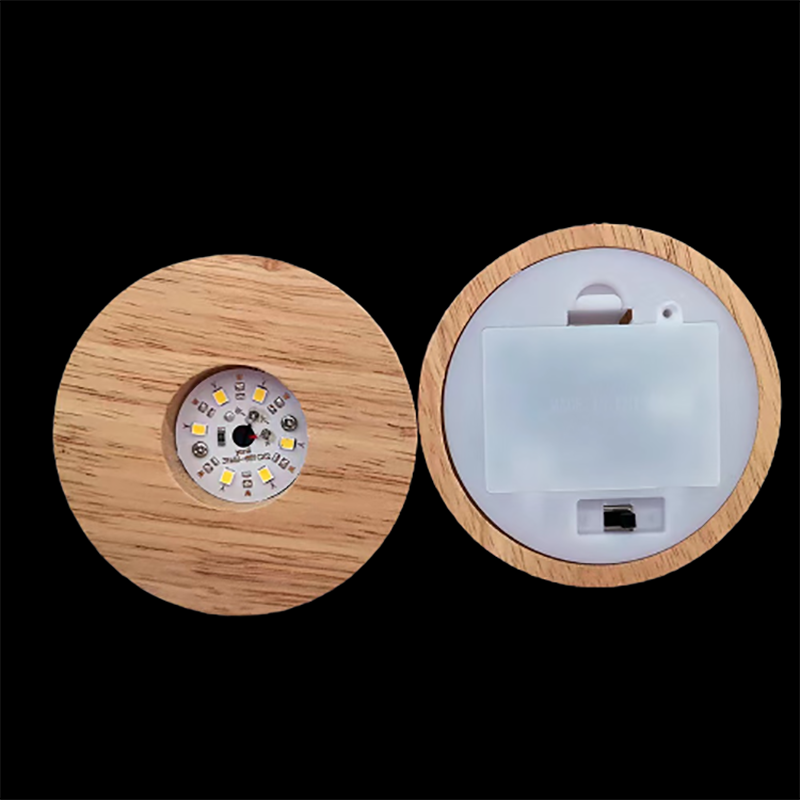Base de exhibición de luz LED redonda de madera con batería de 8cm, soporte de mesa 3D, Base de lámpara de noche, adornos artísticos de resina de cristal