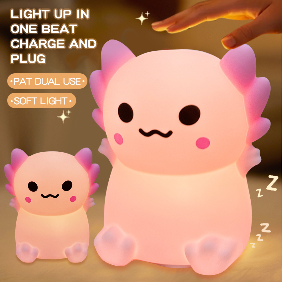 Cute USB Silicone Night Light in Axolotl Shape, 3-Level Warm Light Adjustment, Ideal for Children