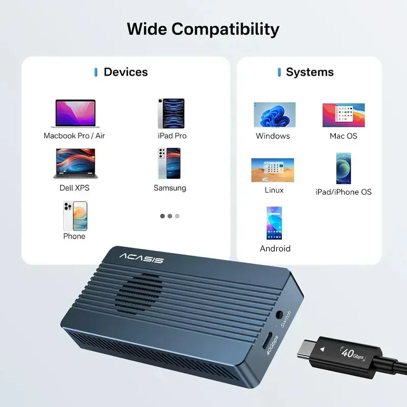 Корпус SSD Acasis 40 Гбит/с USB 4 с охлаждающим вентилятором, совместимый с TB3/4 USB 3.2 Gen 2 JHL7440 для Macbook для создания содержания для Samsung 980/990 Pro/Kingston KC 3000