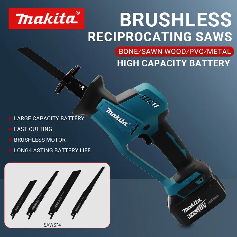 Makita DJR189 Sierra recíproca eléctrica inalámbrica de 18V, sierra de corte de Metal y madera recargable sin escobillas, herramienta eléctrica de sierra portátil