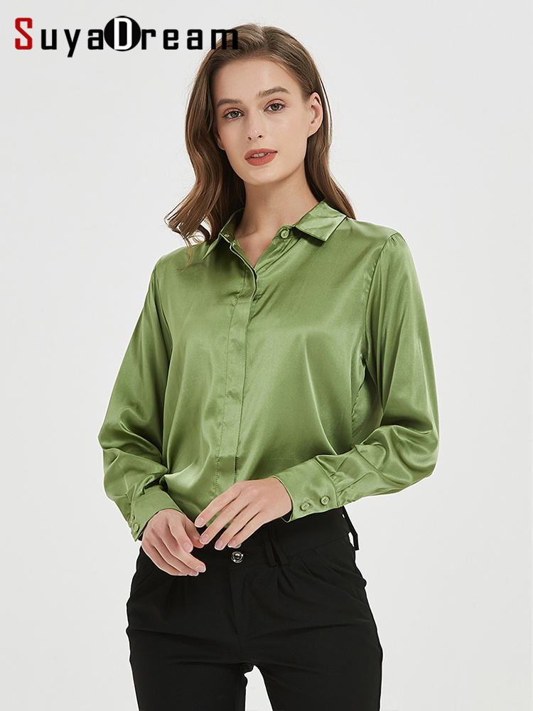 SuyaDream-camisas lisas de seda 93% auténtica para mujer, Blusa de manga larga de 7% licra, Top elegante para oficina, primavera y otoño, 2022
