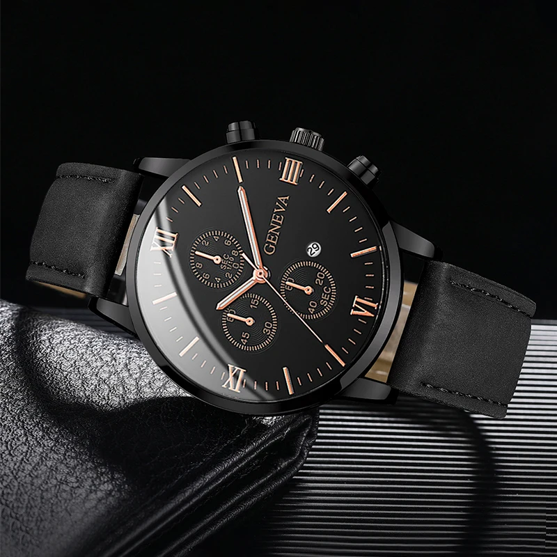 1PC นาฬิกาผู้ชาย Casual หนัง Band Analog ควอตซ์นาฬิกาปฏิทิน