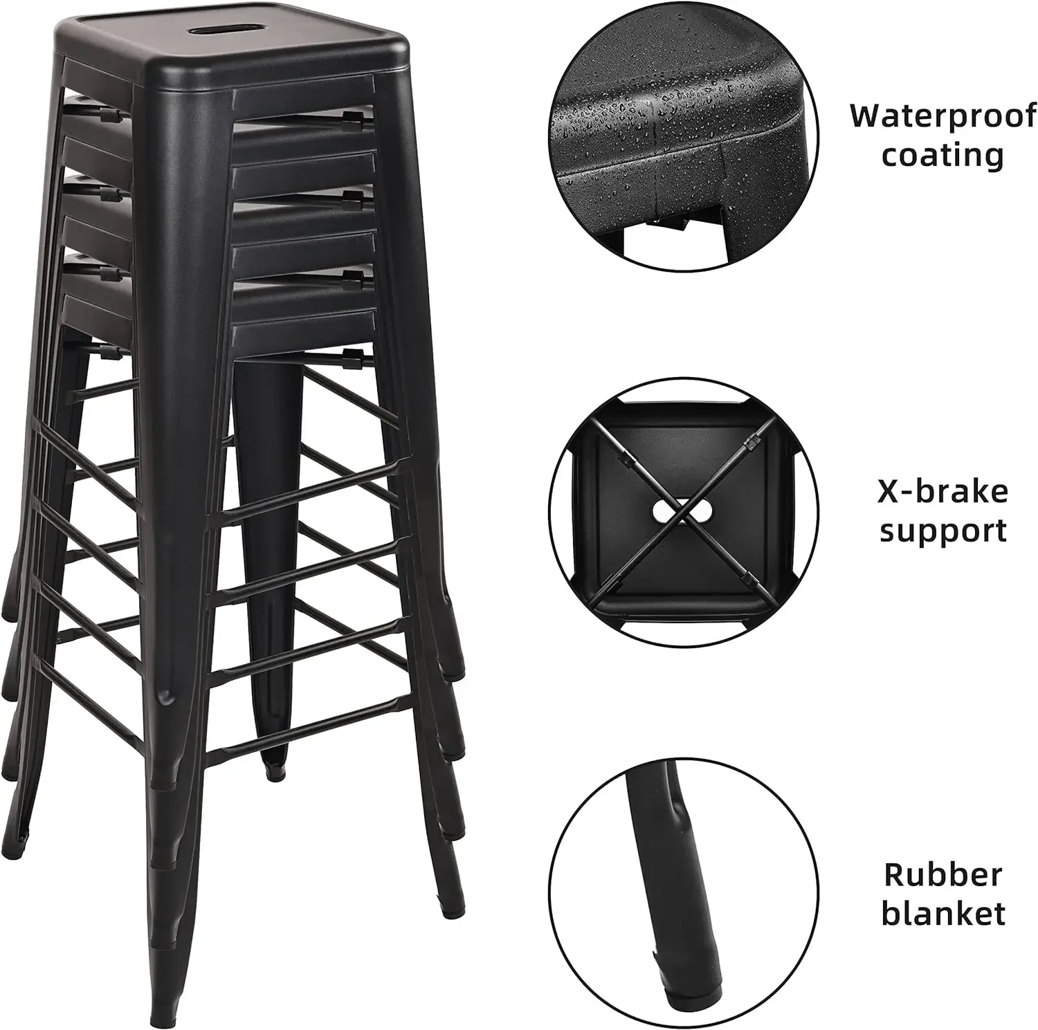 30 Inches Metal Bar Stools High Backless Stools Indoor Outdoor Stackable Kitchen Stools, Black, Set of 4