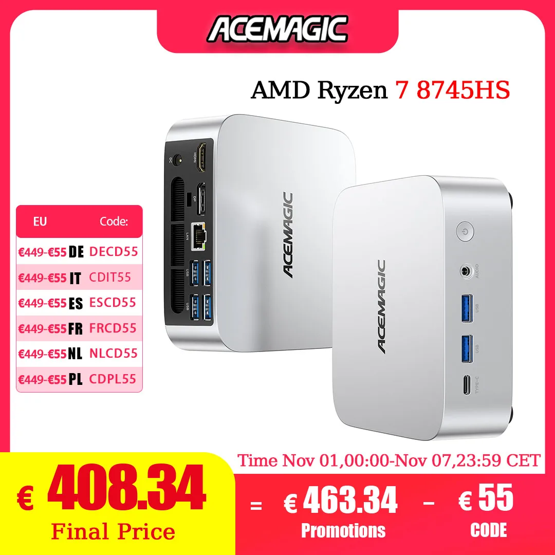 ACEMAGIC W1 Mini-Gaming-PC AMD Ryzen 7 8745HS Mini-Computer 4K Triple Display Mini-Desktop-Computer BT5.2/WiFi 6/Dual Channel