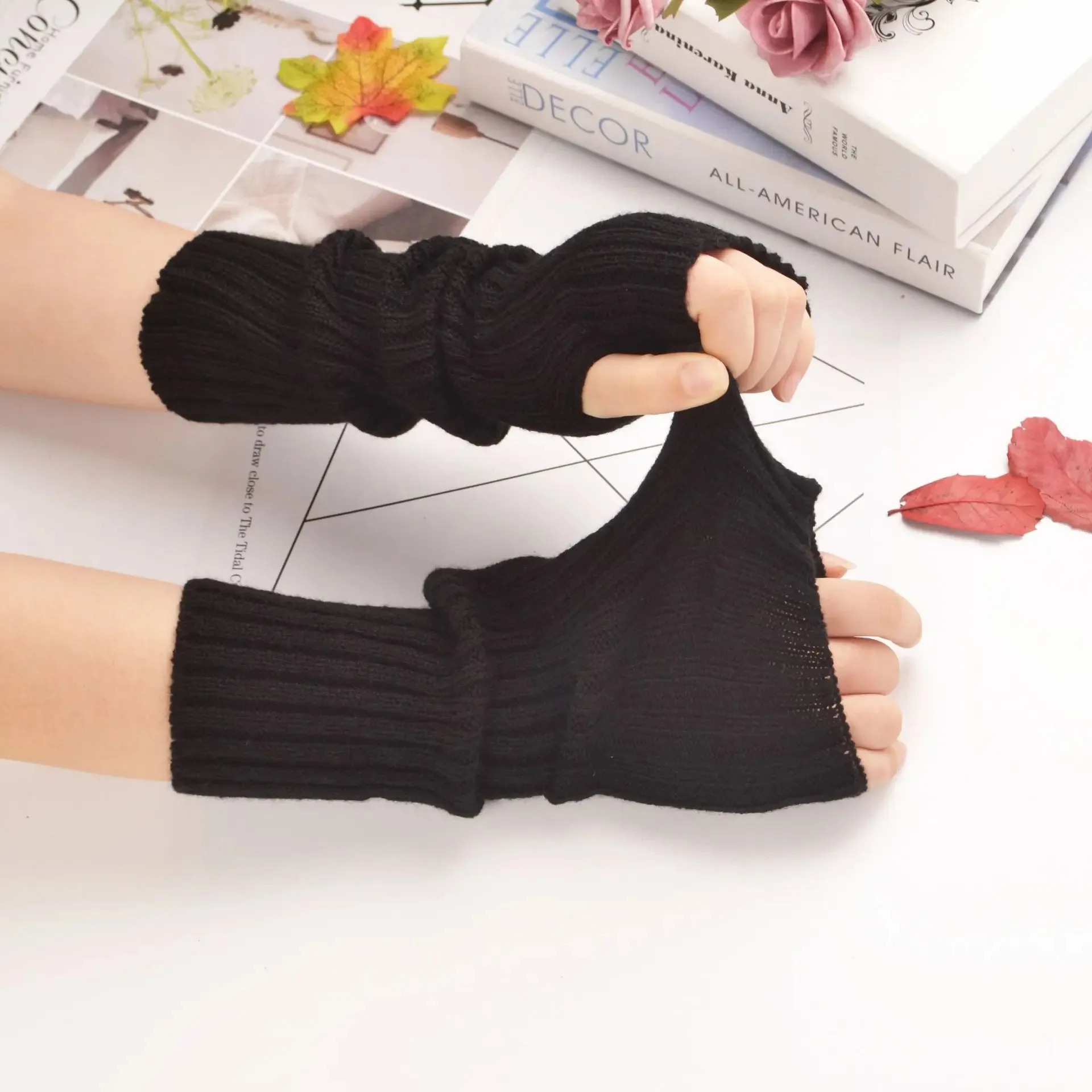 30 ซม.Fingerless ถุงมือผู้หญิงฤดูหนาวแขนแขนอุ่นถักแขนอุ่น Fine Mitten Casual Soft Goth เสื้อผ้า Punk Gothic ถุงมือ