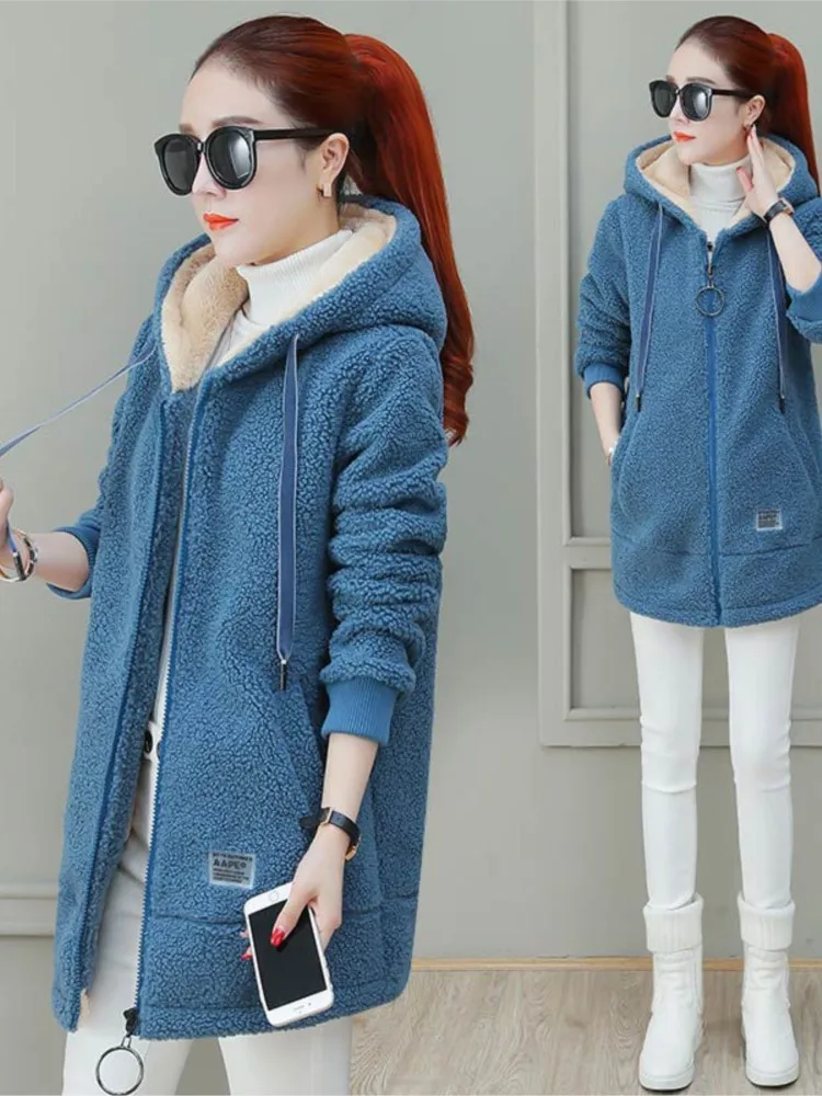 Otoño Invierno nueva chaqueta de longitud media con forro polar grueso para mujer estilo versión coreana cárdigan holgado abrigos superiores