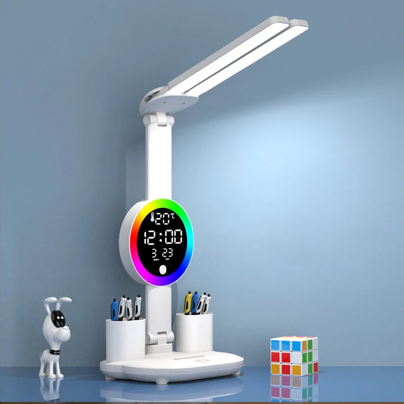 Wiederaufladbare LED-Tischlampe für Arbeitszimmer, Schreibtischlampe, Leselicht, LED-Nachtlicht mit Ventilator, LED-Uhr, Display, Lesen, Schreibtischleuchte