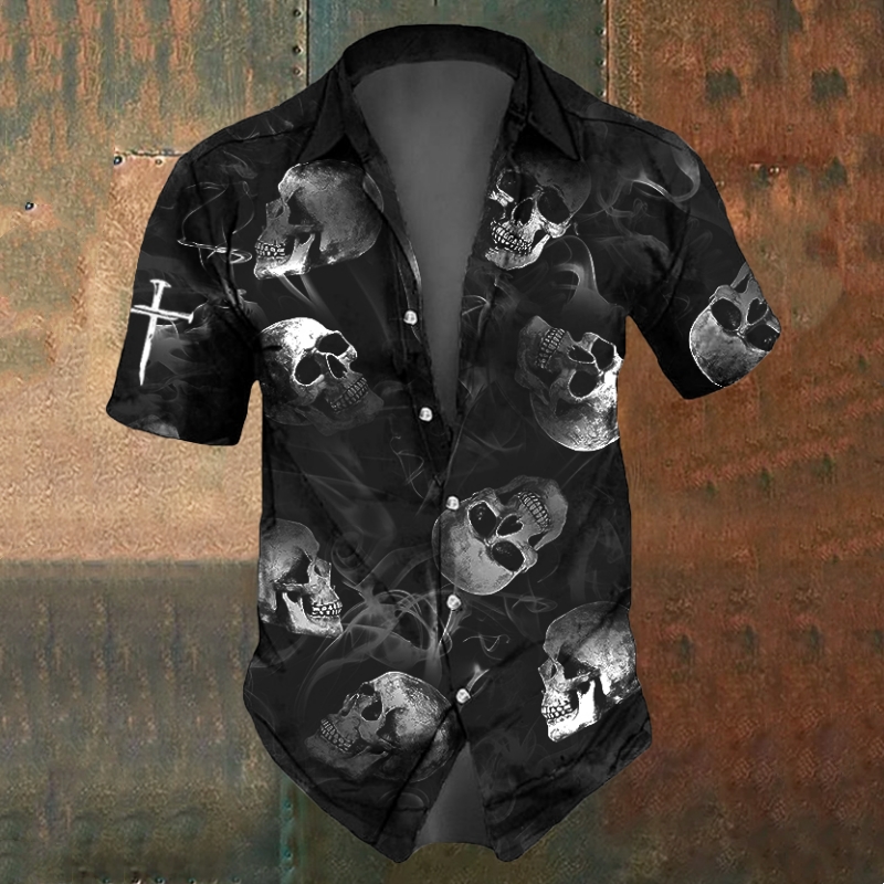 Camicie con teschio da uomo Camicia casual estiva a maniche corte per uomo Nero Bianco stampato Abbigliamento da uomo Camicie con risvolto oversize larghe Top