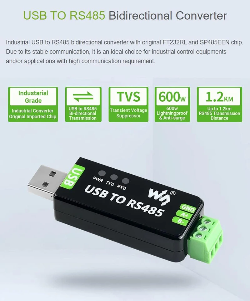 Промышленный преобразователь Waveshare USB в RS485, оригинальный FT232 с защитными схемами, совместимый с телевизорами
