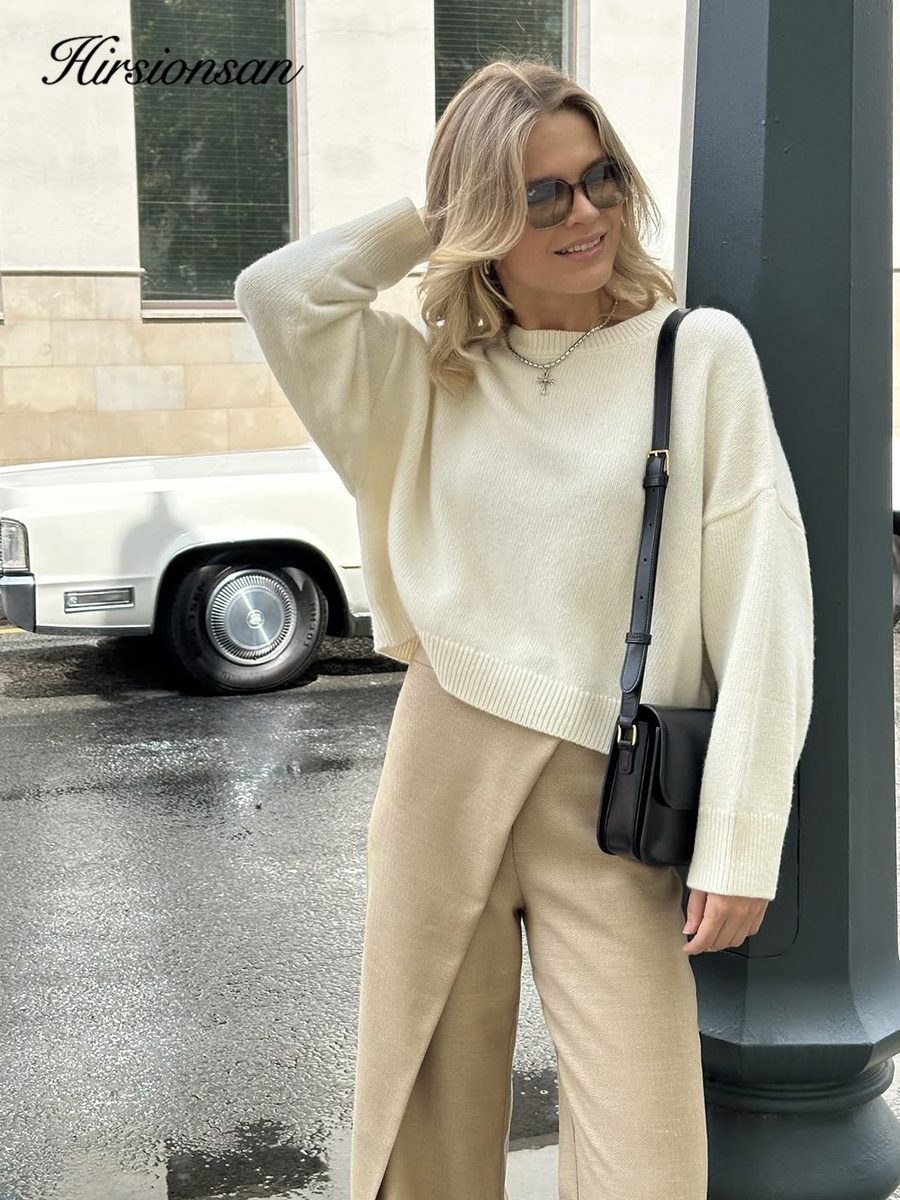 Hirsionsan Basic O Hals Basic Mouw Trui Vrouwen 2025, Oversized Korte Gebreide Truien Vrouwelijke Casual Dikke Warme Zachte Tops