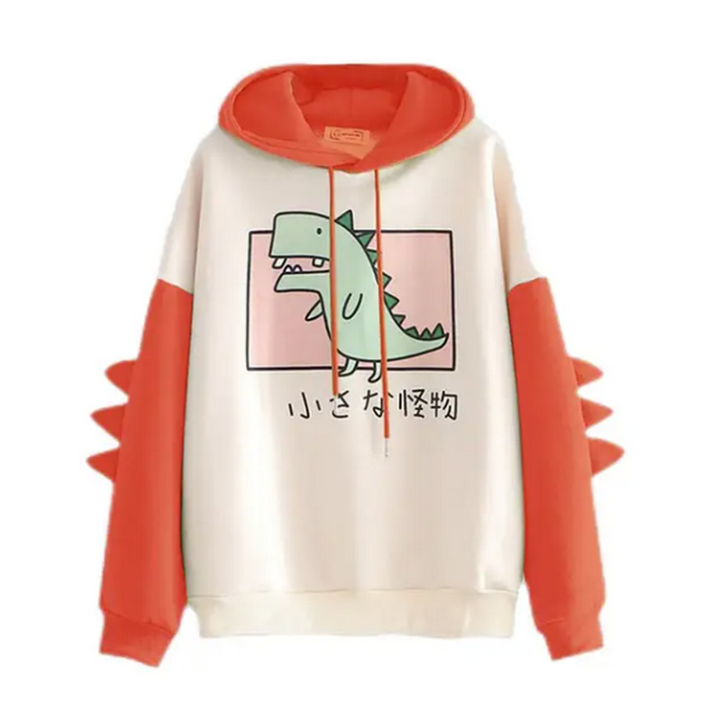 Sudadera con capucha de dibujos animados de dinosaurio para mujer, sudadera de moda informal con estampado de manga larga, Tops de empalme de estilo coreano, ropa Kawaii