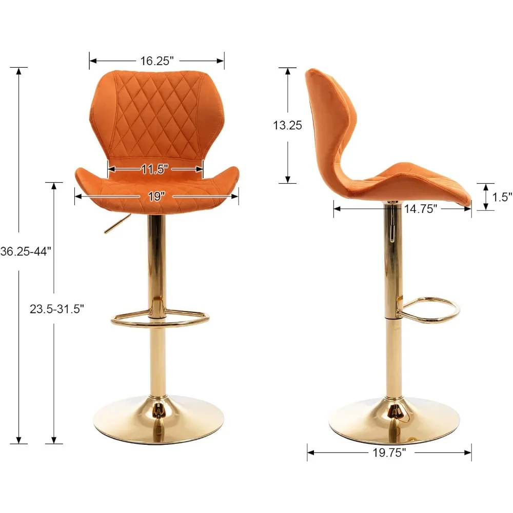 Orange Bar Stools Set of 2 Swivel Counter Height Bar Stools Golden Base Adjustable Velvet Stool Chairs