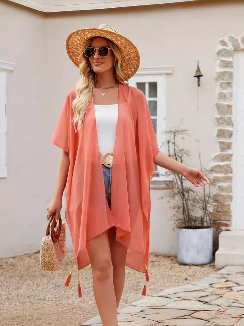 Einfache Reine Farbe Chiffon Strand Bikini Cover Ups Bademode Frauen Sommer Sonnenschutz Strickjacke Freizeit Reise Cape Lange