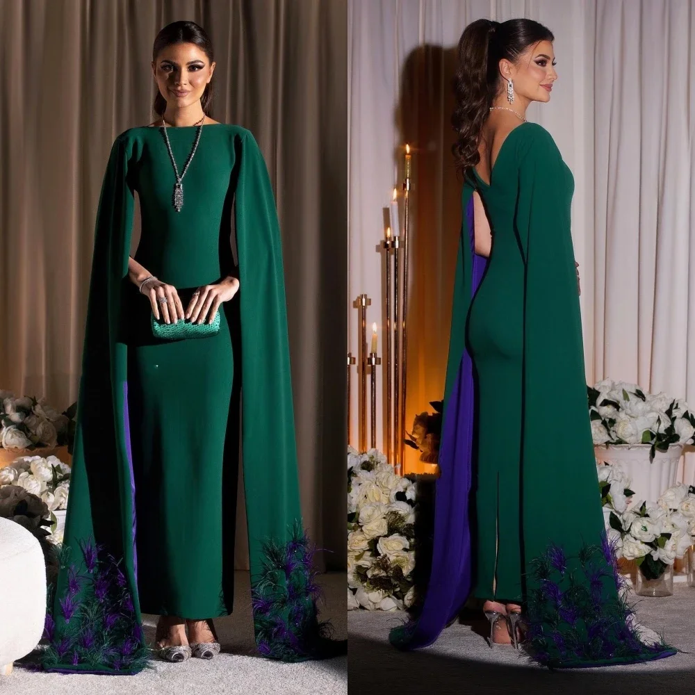 Vestido de noche personalizado de Arabia Saudita, Jersey de plumas para fiesta, corte en A, cuello redondo, vestido para ocasión a medida, vestidos por debajo de la rodilla, moda Retro elegante Exqu