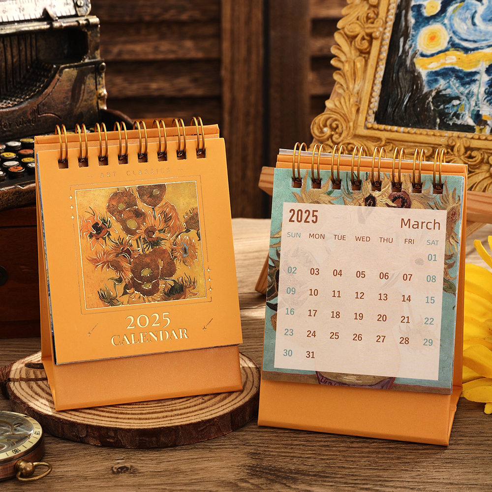 1 pc 2025 Vintage Mini Bronzing Painting Desk Calendar Tabletop Flip Monthly Calendar Student Notepad Schedule Planner Calendar