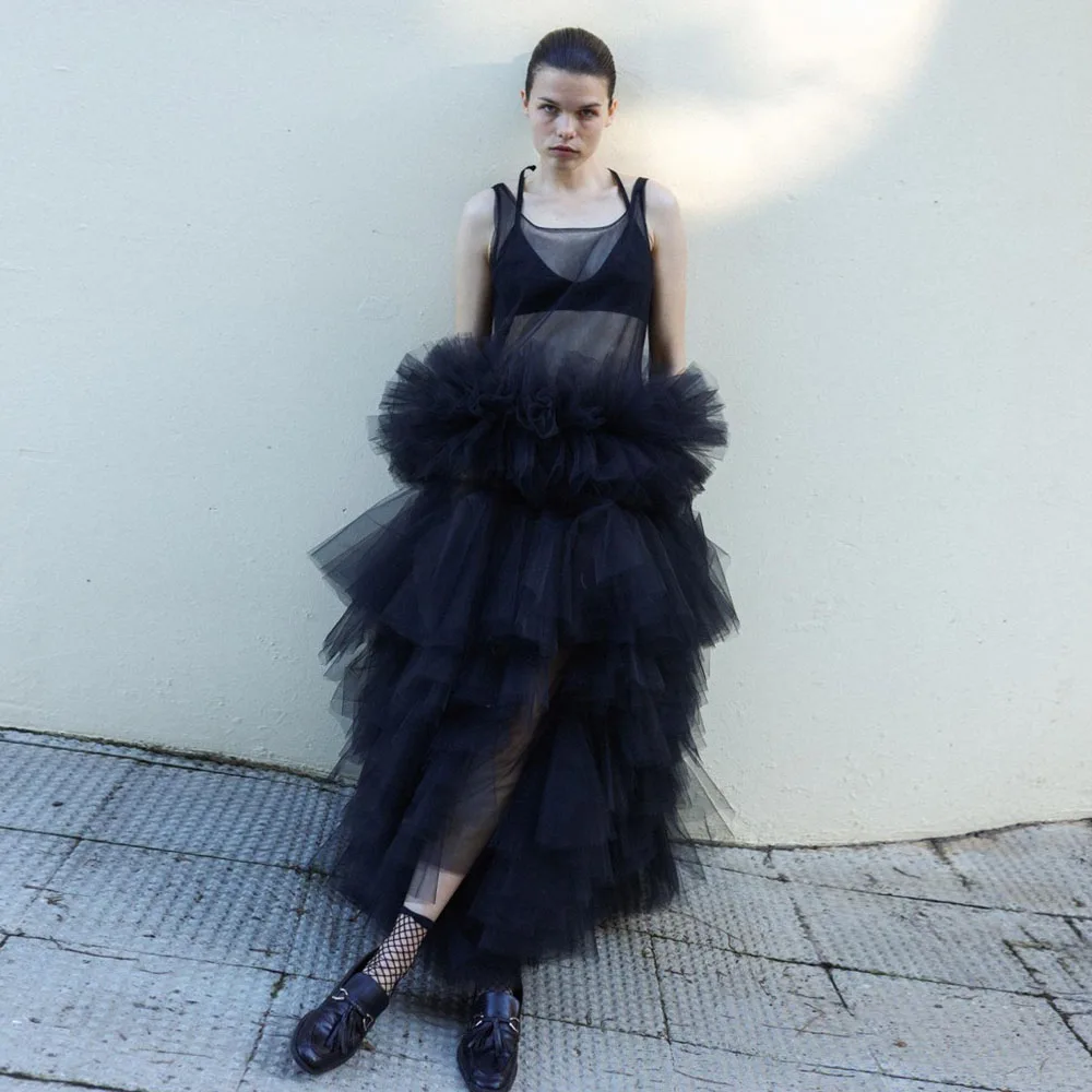 SERENDIPIDTY-vestido de baile de tul negro transparente para mujer, ropa mullida en capas con volantes, longitud Midi, vestidos de graduación hechos a medida