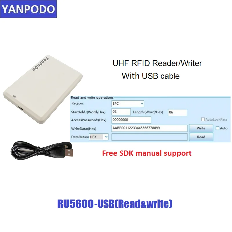 USB-программатор YANPODO UHF RFID-считыватель и записывающее устройство 860-960 МГц с рабочим английским демонстрационным программным обеспечением SDK Source Code