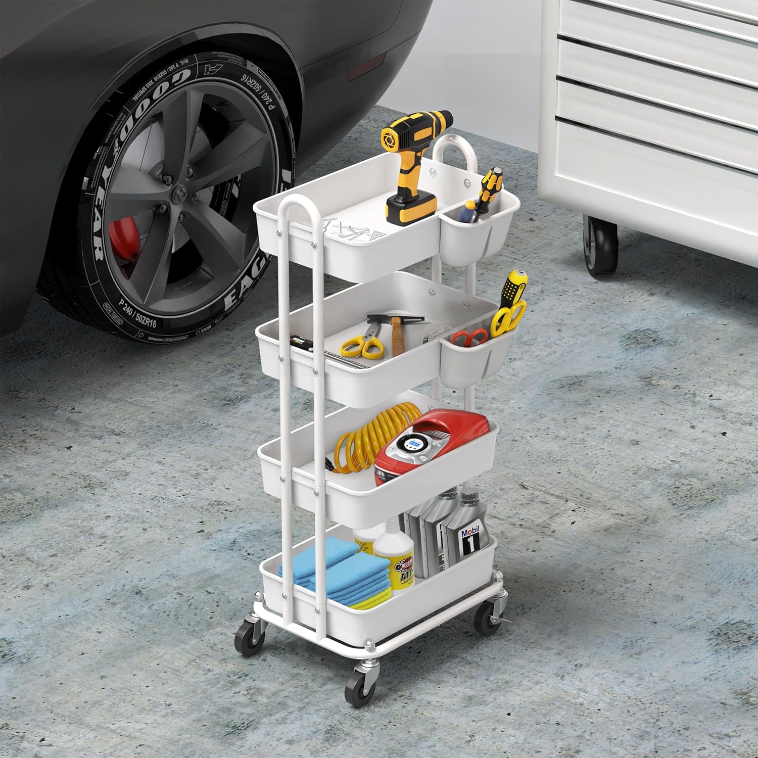 4-Tier Rolling Utility Cart with Hanging Buckets, White