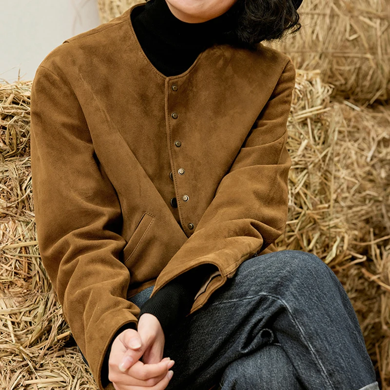 Veste en daim en cuir véritable pour femme, manteau en peau de mouton décontracté, col rond, manches longues, simple boutonnage, mode vintage, printemps et automne
