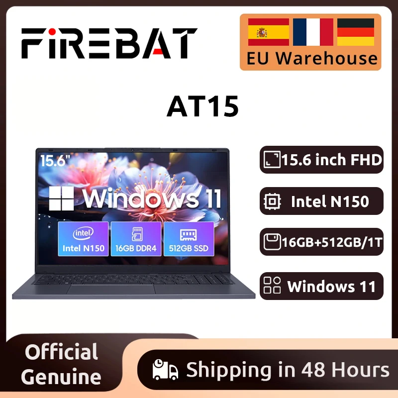 Firebat Laptop AT15 15,6 inch Intel N150 DDR4 16GB RAM 512GB 1TB SSD 1920*1080 Windows 11 Notebook Verlicht Geïntegreerd Numpad