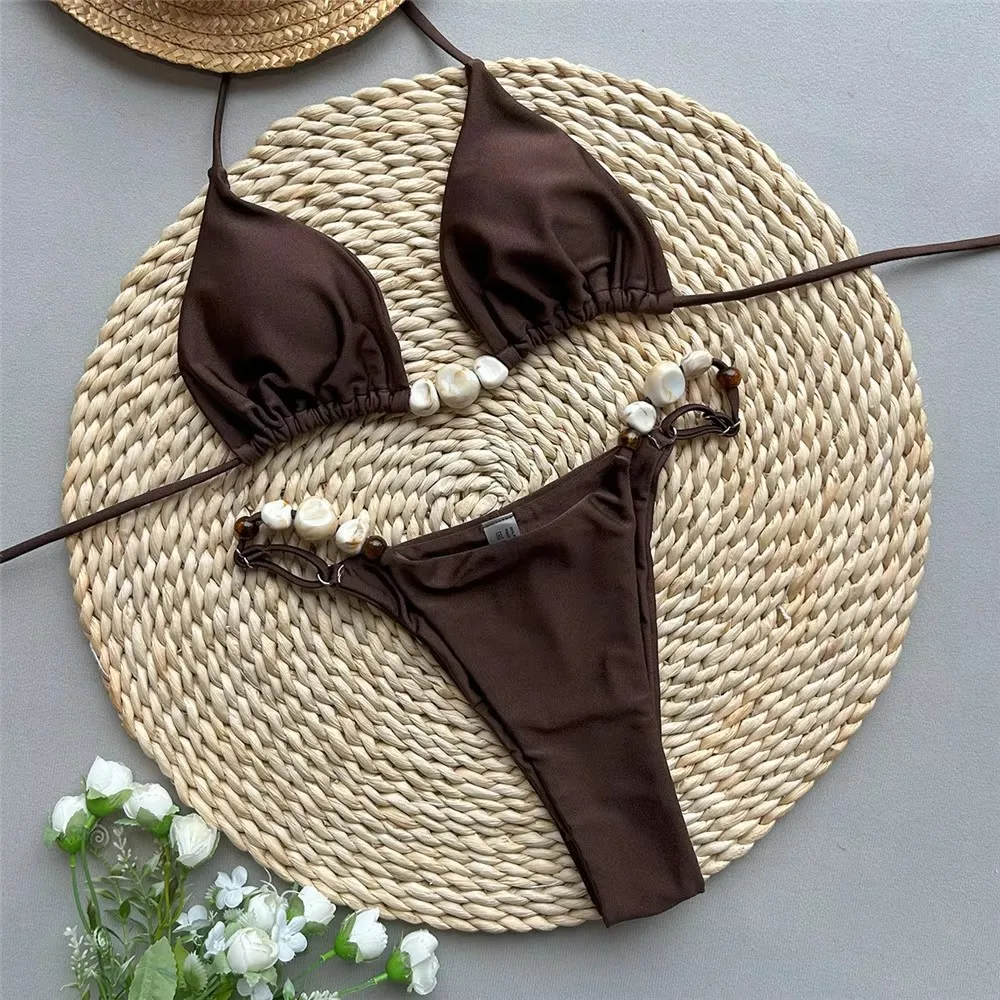 Maillots de bain vert uni Sexy licou Triangle perle String Bikini Mini Micro String maillot de bain femme 2025 été Bikinis brésiliens ensembles