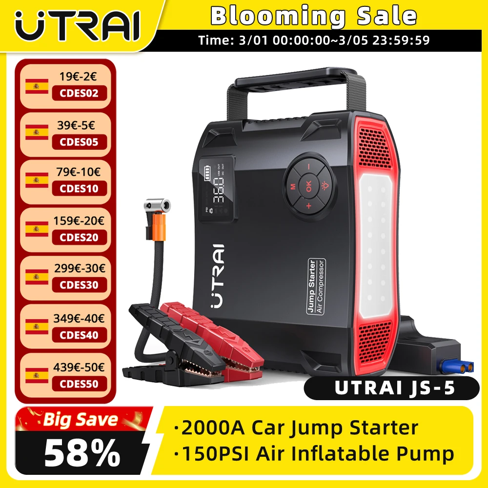 UTRAI 4 en 1 2000A arrancador de batería banco de energía 16000mAh 150PSI compresor de aire bomba de neumáticos cargador portátil dispositivo de arranque de refuerzo de coche