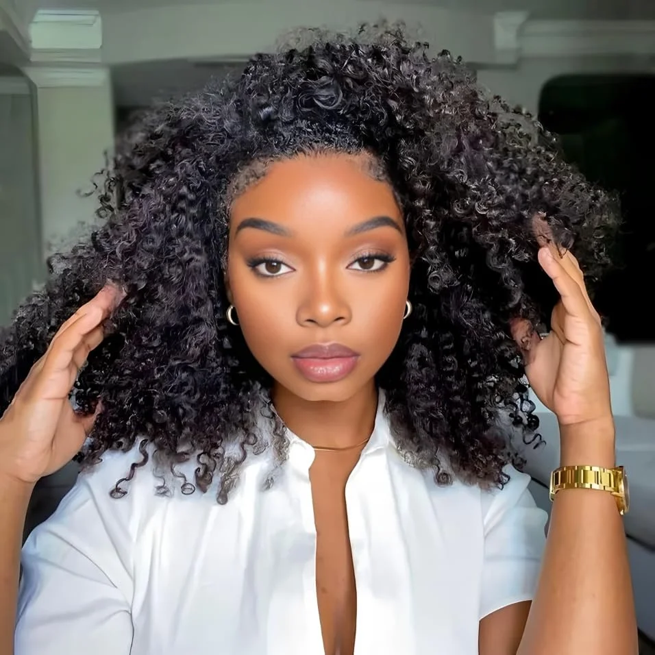 Isee cabelo 3 em 1 metade perucas de cabelo humano kinky encaracolado bandana peruca atualizar perucas sem cola com cordão sem costura clipe ins flip over