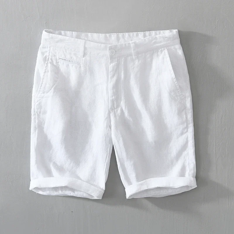 Nguyên Chất Vải Lanh Quần Short Nam Mùa Hè 2021 Thời Trang Mới Chắc Chắn Trắng Rời Ngày Lễ Quần Short Người Đàn Ông Thường Ngày Plus Kích Thước Nút Bay quần Ngắn