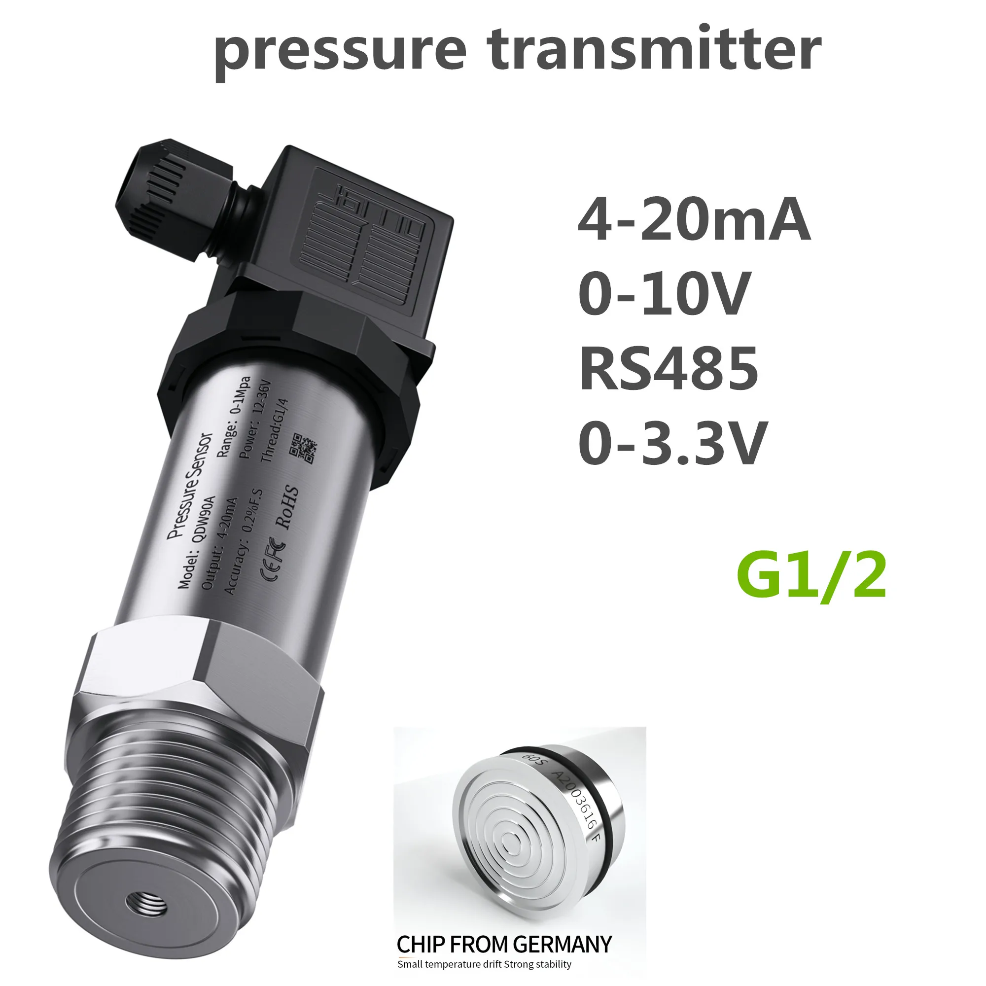 G1/2" 4-20mA Pressure Sensor 0-10V 1bar/10bar/100bar oil water gas 100psi/10Kpa/50mbar RS485 pressure transmitter