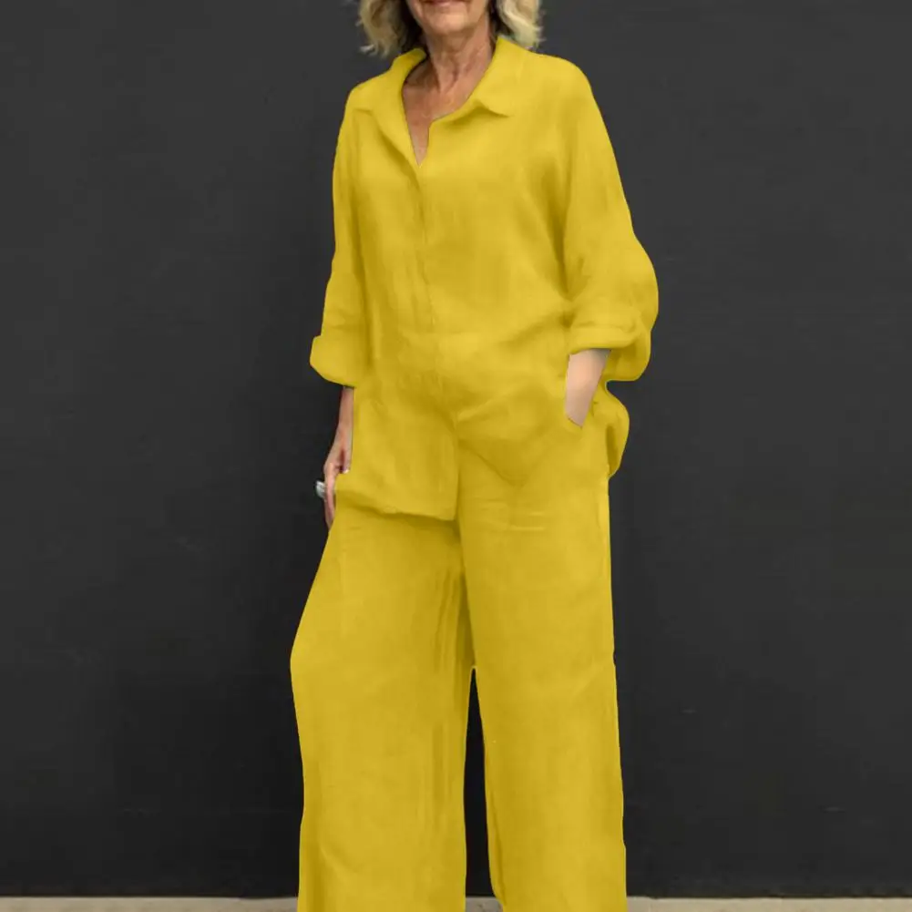 Conjuntos de pantalones Traje de primavera Conjunto de traje de lino de algodón con estilo para mujer con camisa de manga larga Pantalones de pierna ancha para primavera otoño Casual