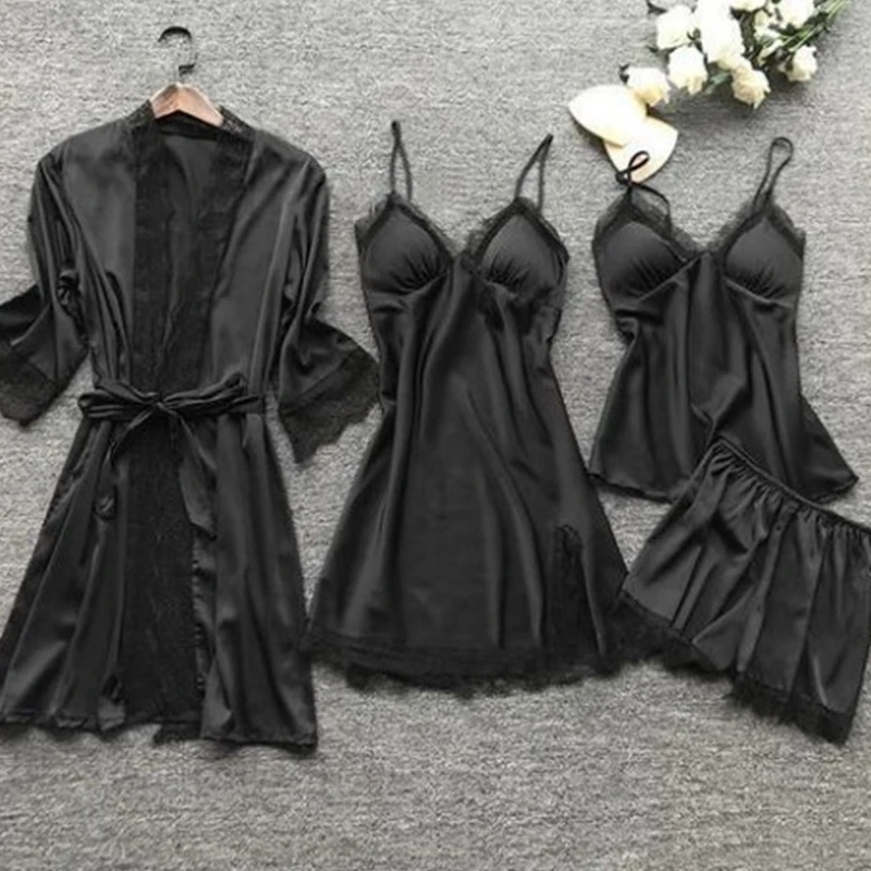 4 peças pijamas de renda sexy feminino moda com decote em v vestido conforto pijamas pijamas com almofadas no peito camisola casual loungew