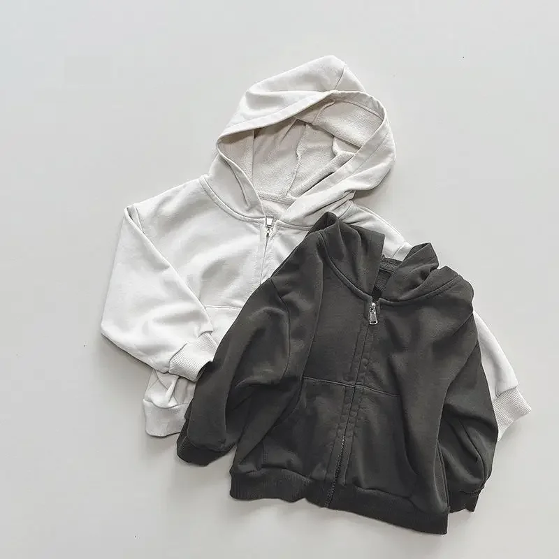 Jaket berkerudung anak laki-laki, Hoodie Solid kasual anak-anak musim semi baru 2025, mantel ritsleting bayi atasan anak-anak