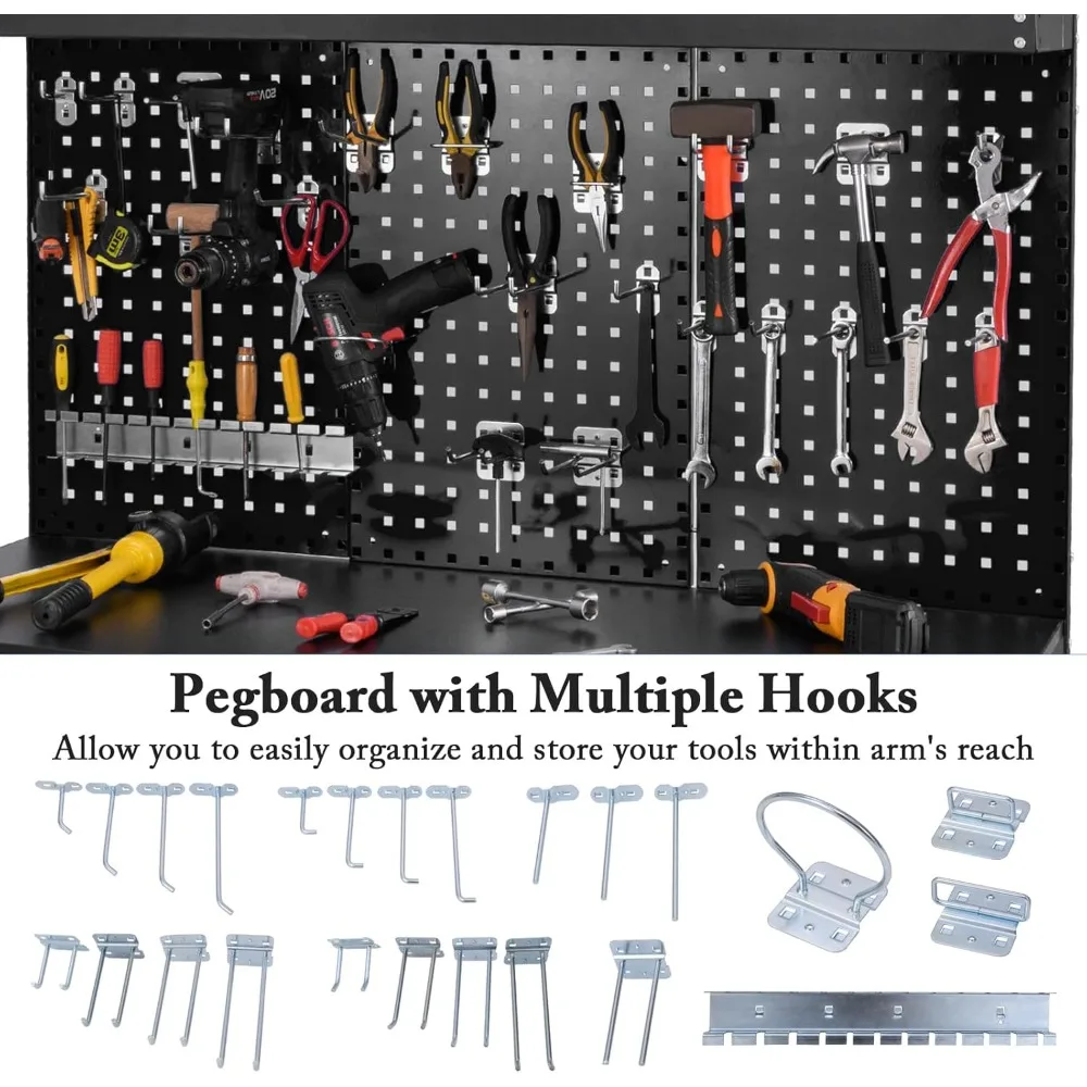 Workbench with Pegboards, with 4 Shelves Topping Space 2 Drawers 24 Hanging Accessories & Robust Metal Frame, Workbenches