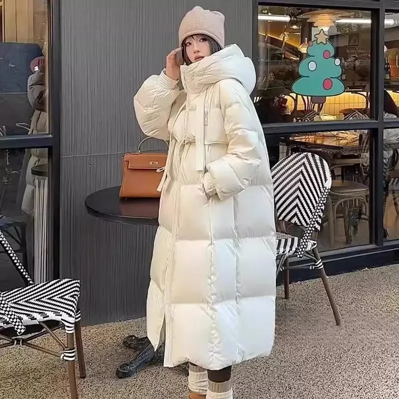 2025 nova jaqueta de algodão de inverno casaco longo feminino edição coreana solto grosso moda com capuz jaquetas feminino quente parker casaco