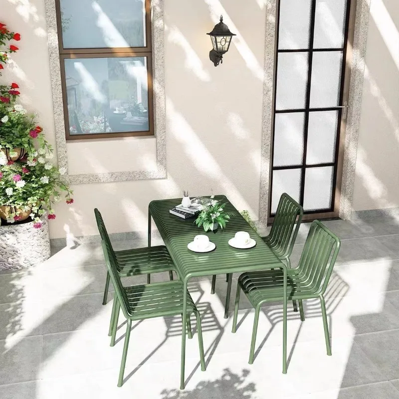 Set tavolino da caffè Tavolo da pranzo e sedia da esterno in metallo verde Tavolo da pranzo quadrato in metallo Sedie in acciaio impilabili per patio con terrazza