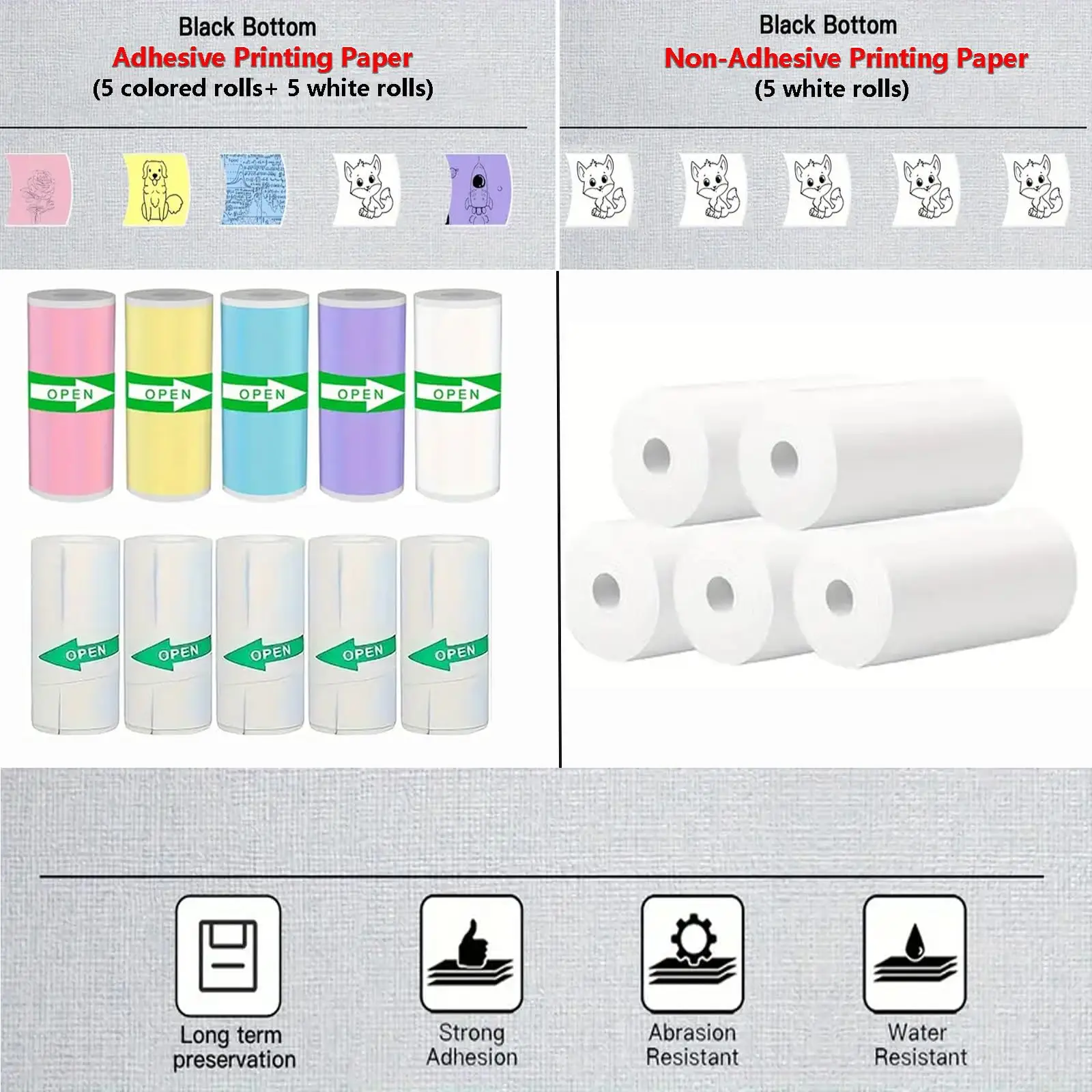 15 Rolls 57mm Thermal Paper Self-Adhesive Sticker (5 White/5 Color)+5 Plain, for Camera/Portable Printers, Photo Journal Office
