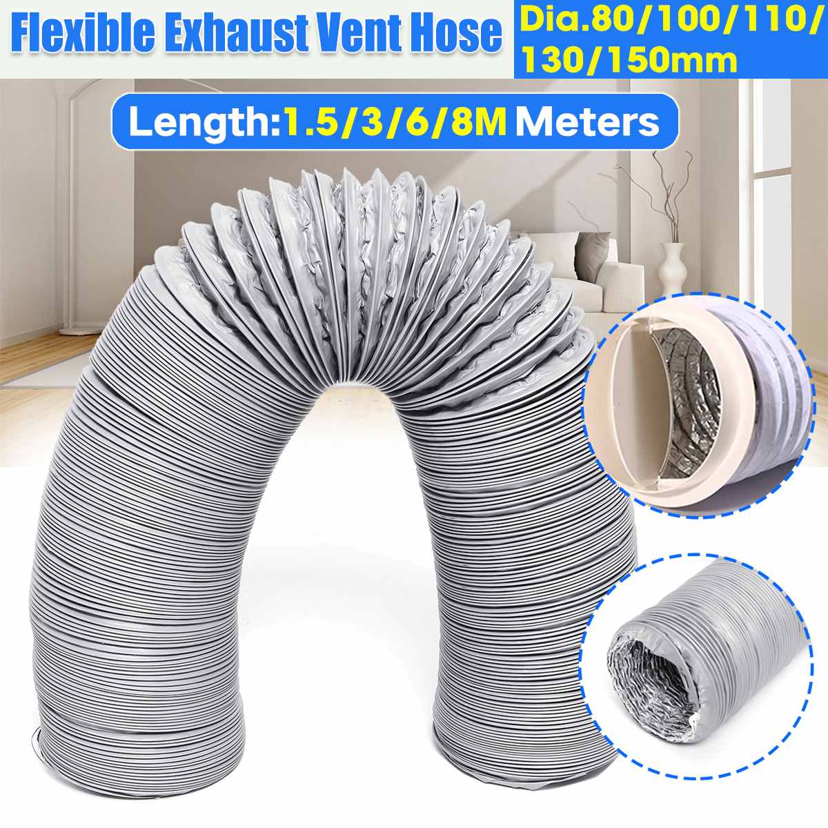 80Mm/100Mm/110Mm/130Mm/150Mm Máy Điều Hòa Không Khí Di Động Thoát Khí Thông Hơi Ống linh Hoạt Điều Hòa Ống Thoát Khí Thông Hơi Vòi Ổ Cắm