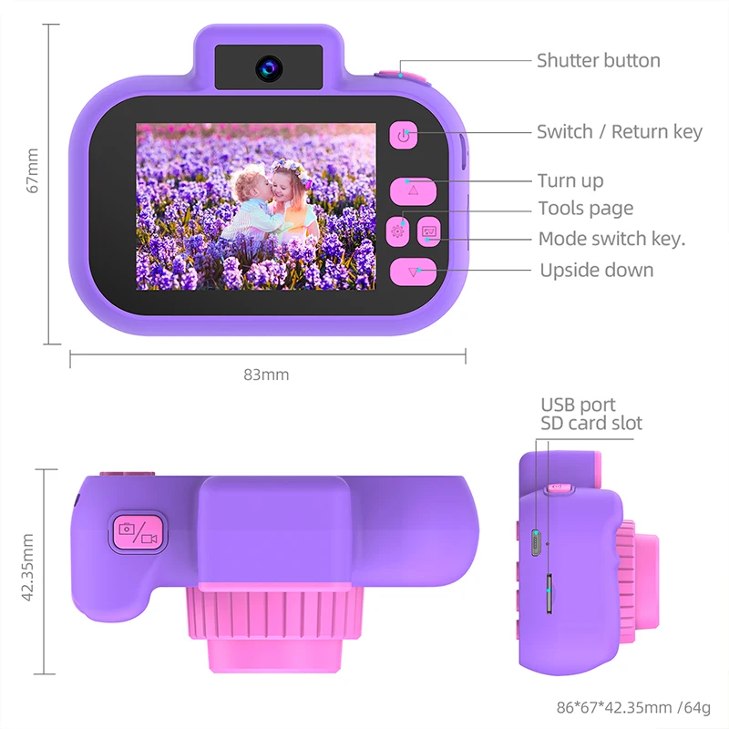 Câmera Digital Dupla para Crianças, HD 1080P, 8X Zoom Digital, Flash Light, Built-In Game Video Toys, Mini Display Colorido, Presente de Aniversário